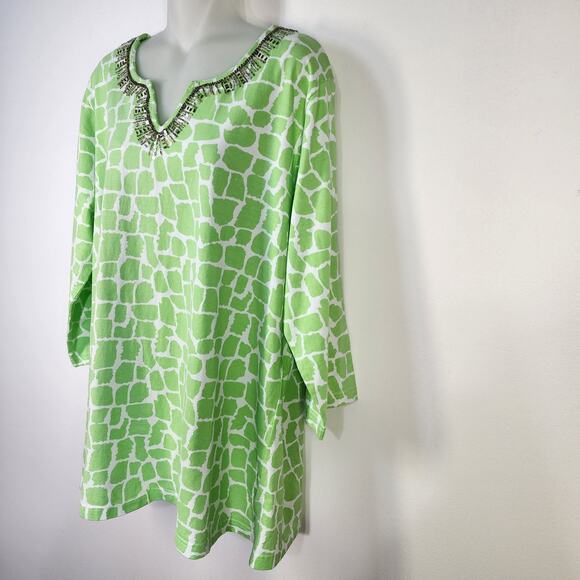 Quacker Factory Women Tunic Top XL Green Giraffe Print Sparkle 3/4 Sleeve Sequin - Picture 5 of 10